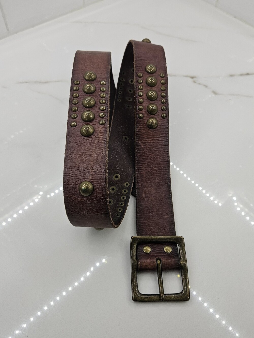 GAP Brown Leather Belt Brass Studs Wide Chunky Women's L Retro Boho Hippie 2009